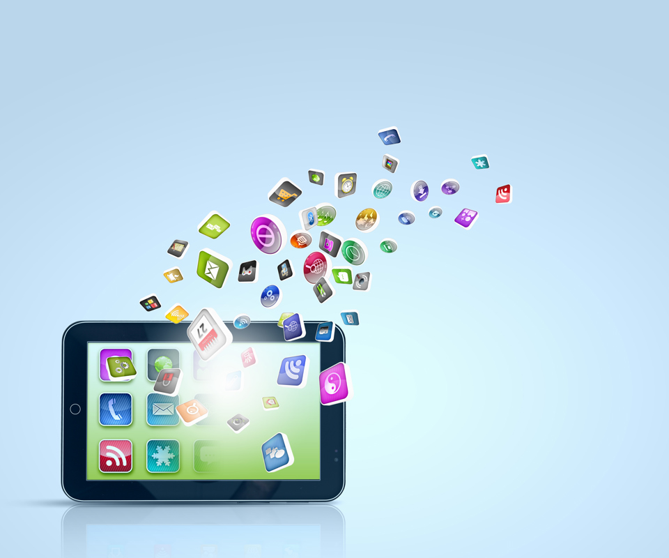 Tablet hvor der flyver apps ind/ud af