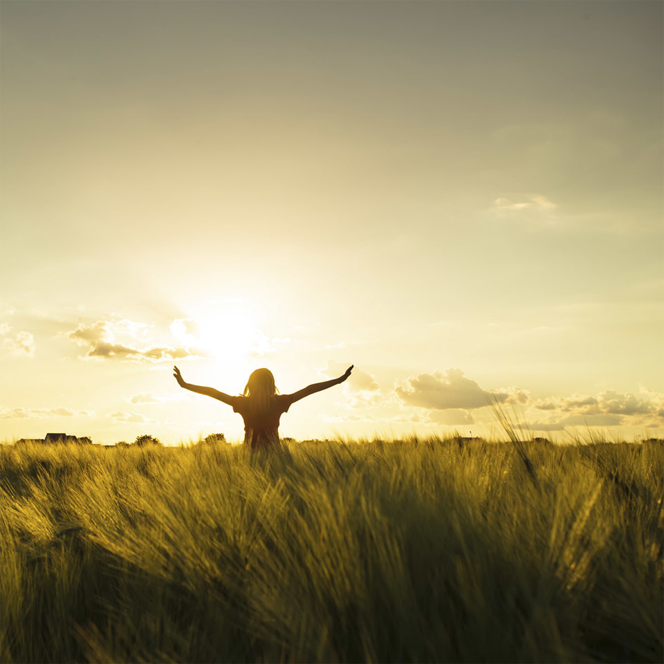 Person i kornmark strækker armene ud mod opstigende sol